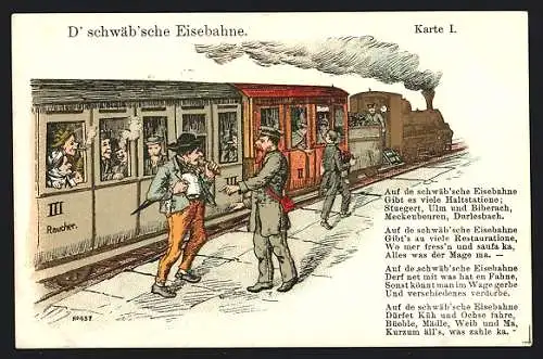 AK D` schwäb`sche Eise`bahne, Karte I, Mann mit Bierkrug vor dem Zug