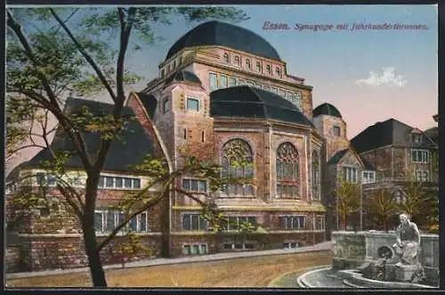 AK Essen, Synagoge an Strasse mit Jahrhundertbrunnen