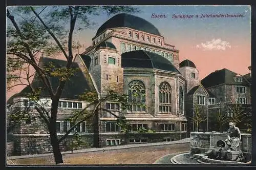 AK Essen, Synagoge an Strasse mit Jahrhundertbrunnen