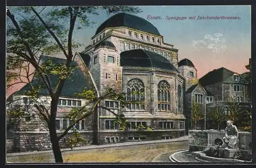 AK Essen, Synagoge an Strasse mit Jahrhundertbrunnen