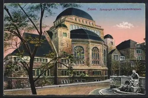 AK Essen, Synagoge an Strasse mit Jahrhundertbrunnen
