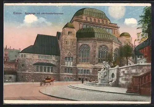 AK Essen, Synagoge mit Jahrgunderbrunnen, Pferdekutsche