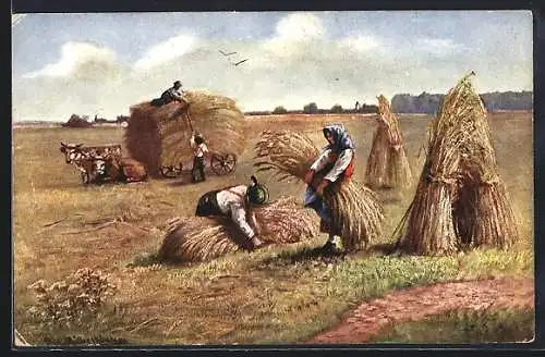Künstler-AK August Müller - München: Bauern bei der Feldarbeit, Kuhgespann