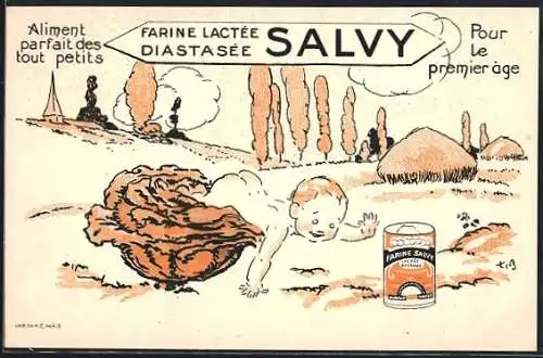 Künstler-AK Salvy, Farine Lactée Diastasée, Baby will nach der Dose greifen