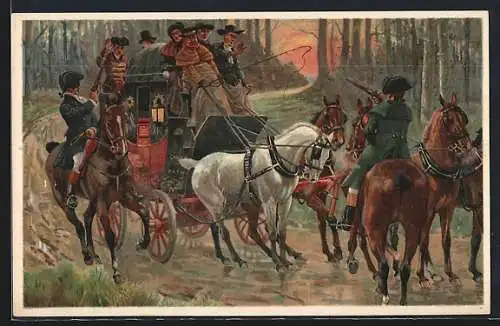 AK Räuber überfallen eine Postkutsche im Wald