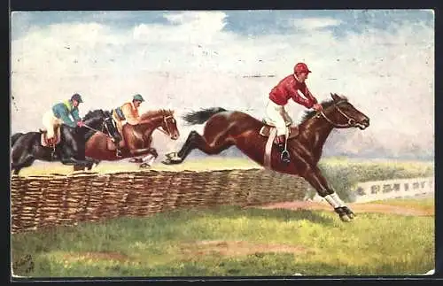 Künstler-AK Jockey's beim Springreiten