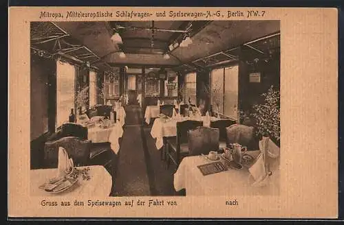 AK Mitropa, Mitteleuropäische Schlafwagen- und Speisewagen AG Berlin, Innenansicht eines Speisewagens