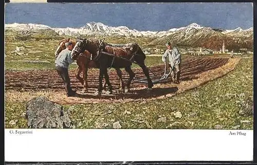 Künstler-AK Giovanni Segantini: Am Pflug, Bauern mit Pferden auf dem Feld