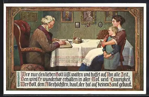 AK Wer nur den lieben Gott lässt walten..., Familie in Stube mit Bildnissen vom Kaiser und Bismarck