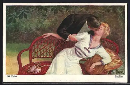 Künstler-AK Bill Fisher: Endlich, Herr küsst eine Dame auf einer Bank im Garten