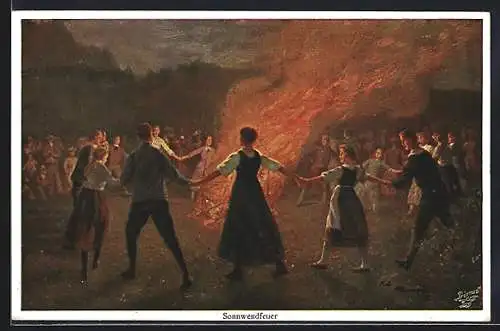Künstler-AK Robert Kämmerer: Sonnwendfeuer, Tanzende Jugend