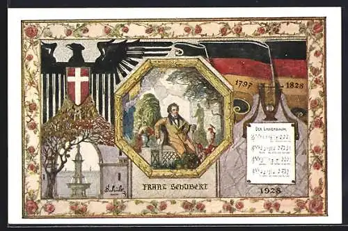 Künstler-AK Schüler: Franz Schubert, Notenseite Der Lindebaum, 10. Deutsches Sängerbundesfest Wien 1928