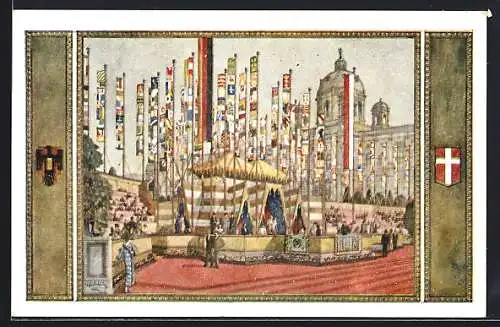 AK 10. Deutsches Sängerbundesfest Wien 1928, Festzelt am Burgring, Wappen