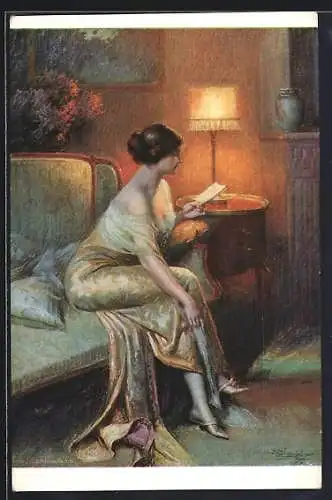 Künstler-AK Delphin Enjolras: Dame im Morgenrock liest einen Brief