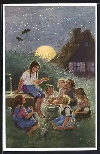 Künstler-AK Franziska Schenkel: Kind erzählt anderen Kindern eine Geschichte