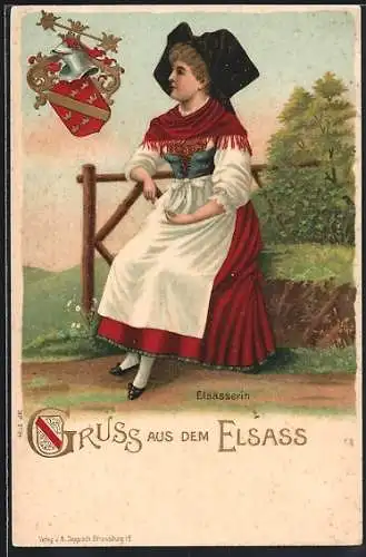 AK Gruss aus dem Elsass, Elsässerin in Tracht, Wappen