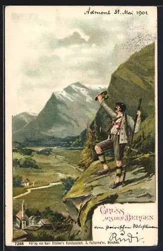 Lithographie Bergsteiger grüsst mit seinem Hut das Dorf
