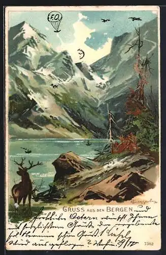 Künstler-Lithographie Theodor Guggenberger: Idyllie mit Gebirge, See und Hirsch