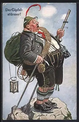 Künstler-AK Der Gipfelstürmer, dicker Hochtourist, Scherz