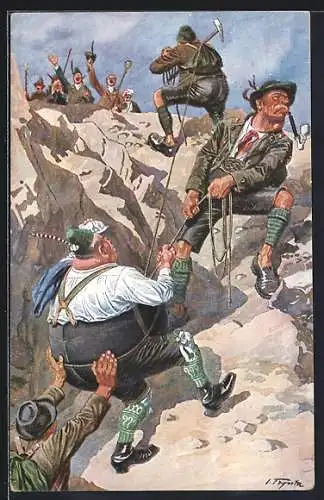 AK Dem Ziele nach!, Bergsteiger mit Kletterseil beim schweren Aufstieg
