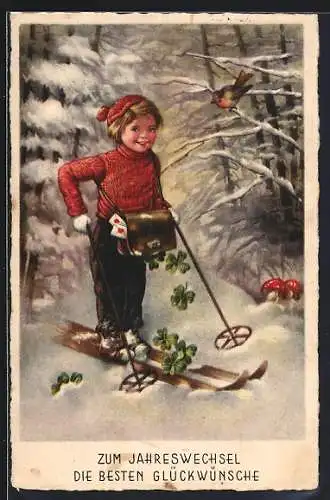 AK Kind auf Skiern im Wald, Briefe, Klee, Pilze, Neujahr