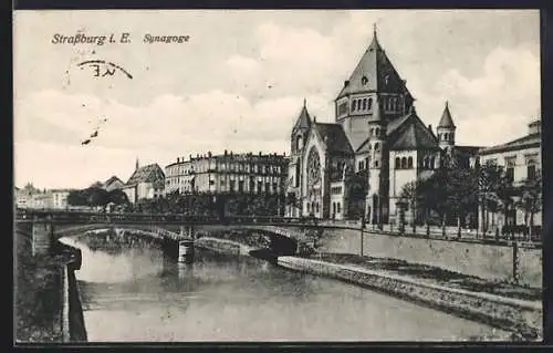 AK Strassburg, Ortspartie mit Synagoge
