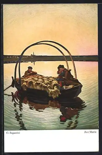 Künstler-AK Giovanni Segantini: Ave Maria, Schäferin mit Kind und Schafen auf einen Boot