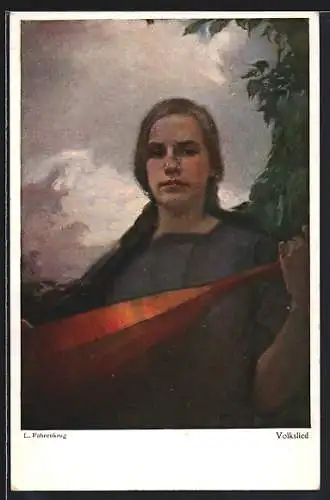 Künstler-AK Ludwig Fahrenkrog: Volkslied, Lautensspielerin
