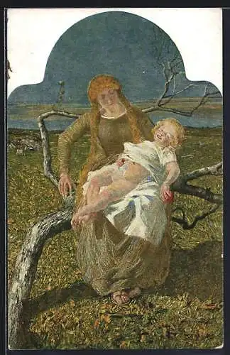 Künstler-AK Giovanni Segantini: Mutterglück, junge Mutter mit ihrem Kind
