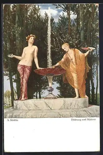 Künstler-AK Arnold Böcklin: Dichtung und Malerei, leicht bekleidete Damen am Brunnen