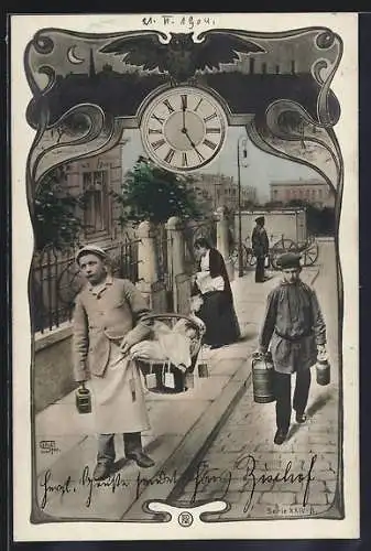 AK Milchjunge mit Eisenkannen, Bäckergeselle mit einem Korb, Eule mit Uhr