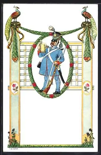 Künstler-AK Fritz Quidenus: Soldat mit Gewehr, Bierkrug und Krummsäbel, Pfaue auf Säulen, Biedermeier