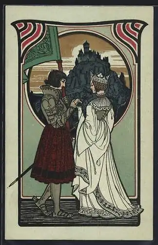 AK Jugendstil, Dame mit Krone hält mit der Wache Händchen