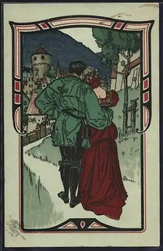 AK Ein Paar auf dem Weg in den Ort, Jugendstil