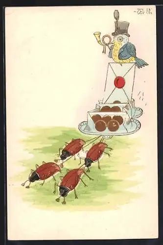 AK Vogel mit Posthorn auf von Maikäfern gezogenem Münzwagen