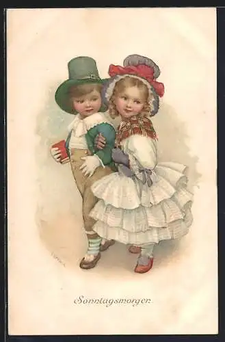 Künstler-AK Susan Beatrice Pearse: Sonntagsmorgen, verliebtes Kinderpaar in eleganter Kleidung