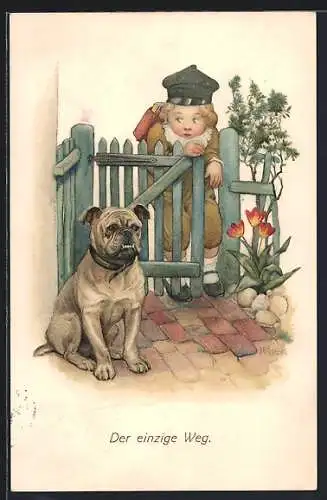 Künstler-AK Susan Beatrice Pearse: Kind fürchtet sich an einem Hund vorbei zu gehen