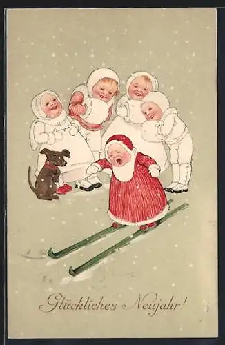 AK Kleinkind auf Skiern und Kinder mit Hund, Neujahrsgruss