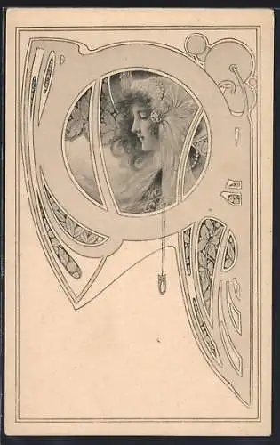 Künstler-AK M. Munk Nr. 86: Schönheit mit Haube im Profil, Jugendstil-Ornamentik
