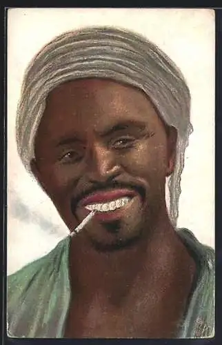 AK Junger afrikanischer Mann raucht mit einem Lächeln eine Zigarette