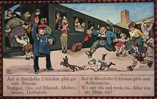 Künstler-AK Hans Boettcher: Die schwäbische Eisenbahn, Szene am Bahnsteig, Abfahrt steht bevor