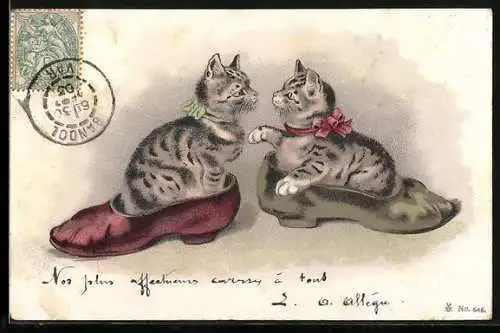 Lithographie Zwei getigerte Kätzchen in je einem Schuh