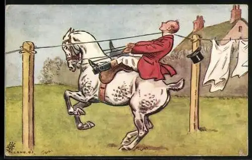 AK Reiter auf seinem Pferd bleibt an einer Leine hängen