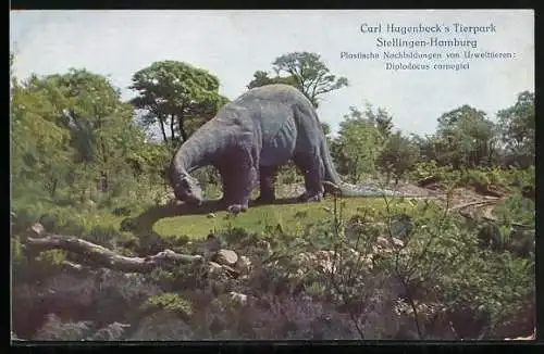AK Hamburg-Stellingen, Carl Hagenbeck`s Tierpark, Plastische Nachbildungen von Urwelttieren, Diplodocus carnegiei