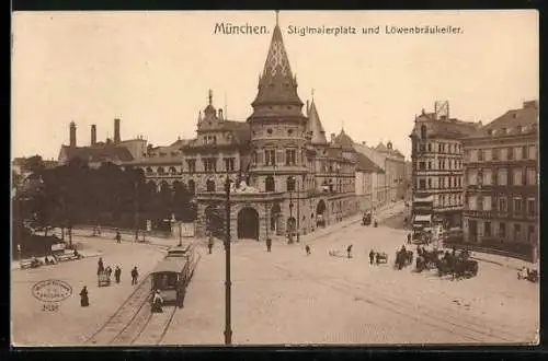 AK München, Stiglmayerplatz & Löwenbräukeller, Strassenbahn