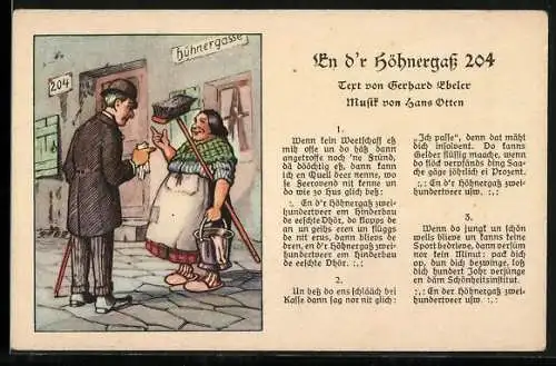 Lied-AK En d`r Höhnergass 204 von Gerhard Ebeler u. Hans Otten, ein Mann im Gespräch mit der Putzfrau