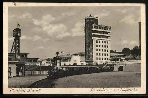 AK Düsseldorf, Gesolei-Ausstellung, Feuerwehrturm mit Liliputbahn