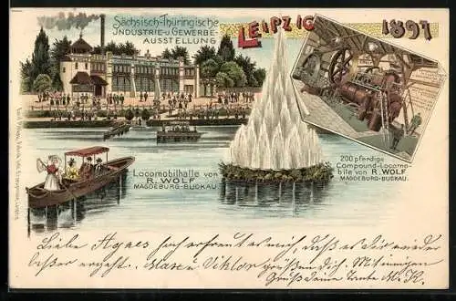 Lithographie Leipzig, Sächsisch-Thüringische Industrie u. Gewerbe Ausstellung 1897, Locomobilhalle von R. Wolf