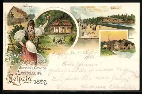Lithographie Leipzig, Sächsisch-Thüringische Industrie & Gewerbe Ausstellung 1897, Bauernhaus, Brücke, thür. Waldhütte