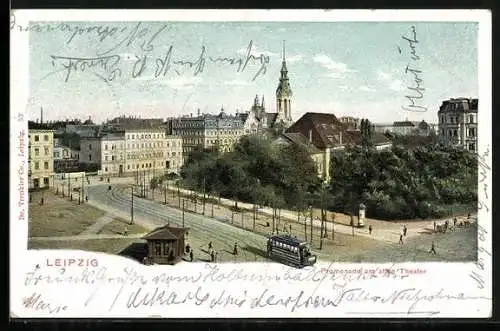 AK Leipzig, Promenade am alten Theater mit Strassenbahn